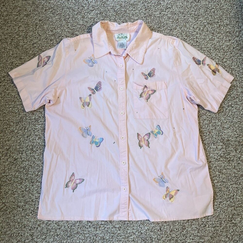 Vintage Quacker Factory Womens Short Sleeve Button Shirt Size 1X Pink Butterfly